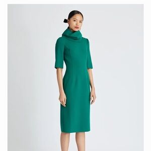 Oscar de la Renta Teal Stretch Wool Crepe Cowl Neck Sweater Dress